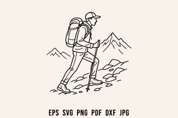 Hiker Walking Mountain Trekking Vector Review